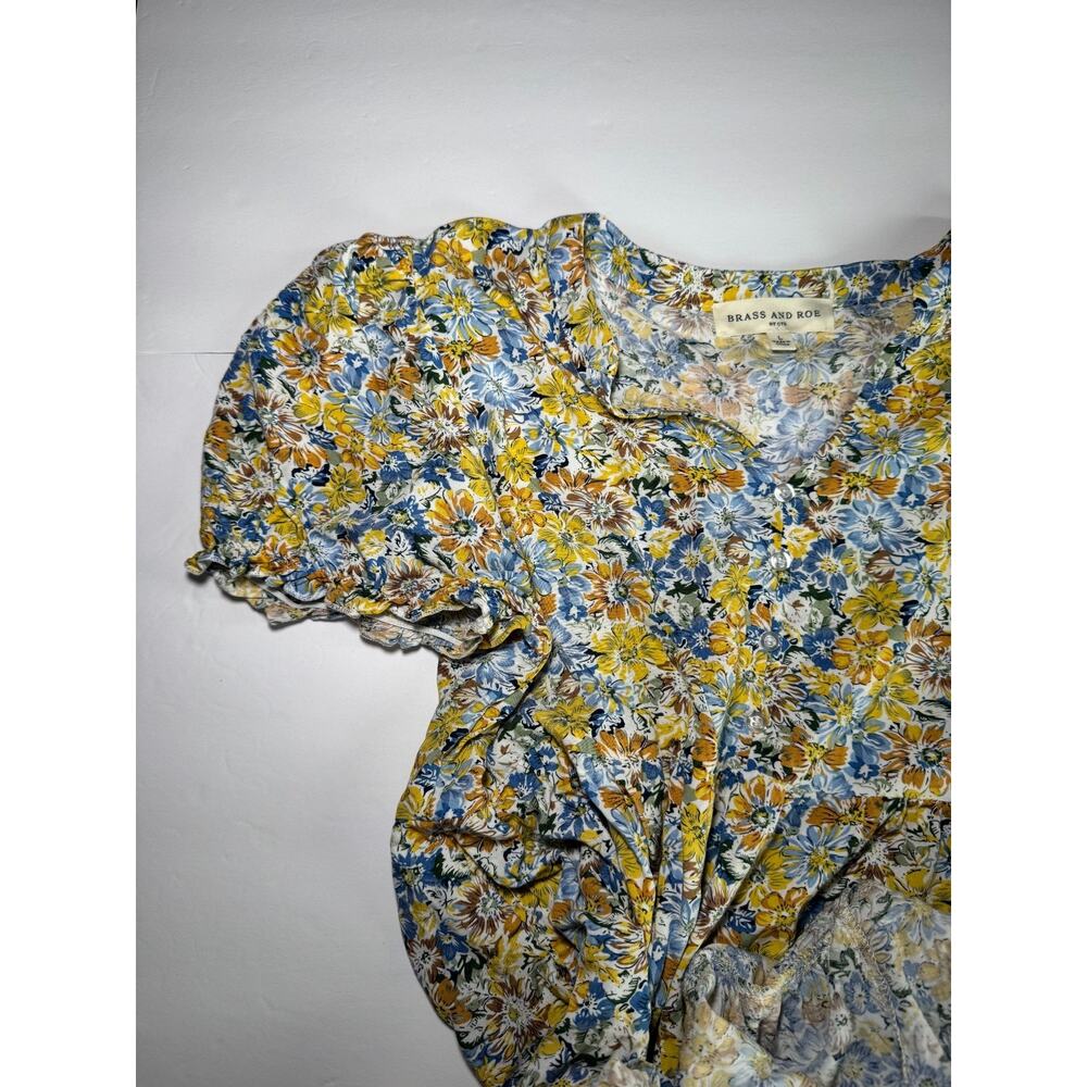 Brass and Roe Floral Mini Dress Women Large Boho Cottagecore Tiered Yellow/Blue - Picture 6 of 13